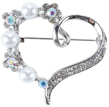 zalati Broche de aleación en forma de corazón con diamantes de imitación y perlas para decoración de ropa de fiesta de boda, Metal