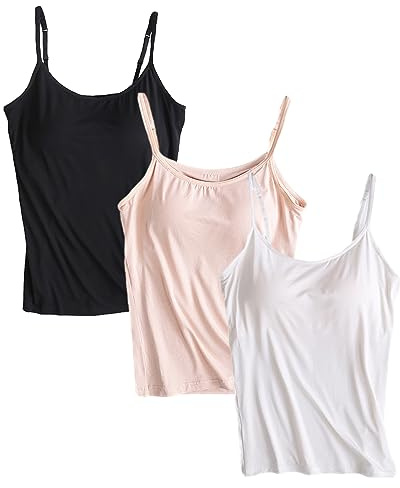 Jamron Femme Lot de 3 Basique Camisole Débardeur à Bretelles Spaghetti Réglable avec Soutien-Gorge Intégré Noir + Blanc + Nu S