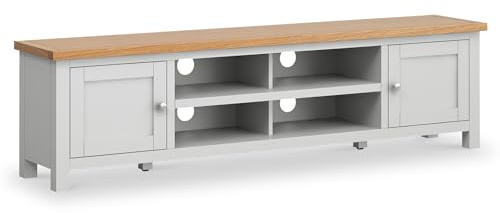 Farro Grey 180cm Extra Large TV Unit for Living Room| Roseland Furniture Painted Solid Wooden Oak Top Television Table with Cabinet Storage Suitable for 65 inch TV | Fully Assembled