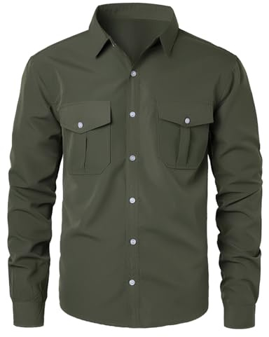 OlyljpinZ Vardaglig klänning för män långärmad button down Henley skjorta toppar normal passform stretch affärströjor enkel smart icke-järn skjorta med ficka, Armégrönt, XL