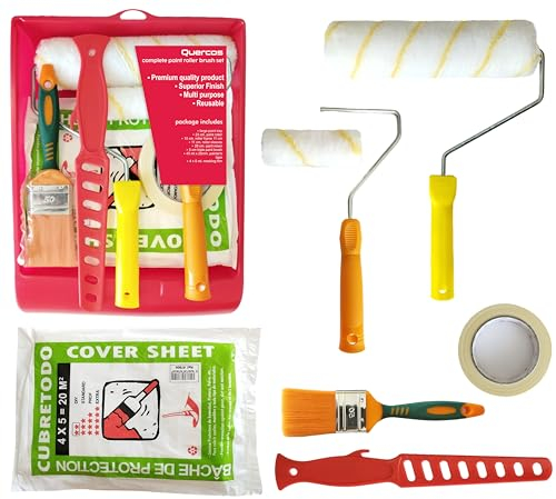 Quercos. Kit Rodillo Pintar Paredes y Techos de 8 Piezas. Set Completo Rodillo Antigoteo de 22 y 11 cm, Brocha Plana, Bandeja, Agitador Pintura, Cinta Pintor y Plástico Cubretodo