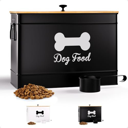 Dog Food Container Airtight 15-20 lb (70 Cup) Capacity with Metal Scoop - Cute Airtight Dog Food Storage Container with Bamboo Lid - Black Metal Kibble Storage Bin for Dogs up to 100 lbs - Big Pet Jar