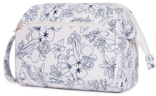 Narwey Large Makeup Bag Wide-Open Zipper Pouch Travel Wash Bag Toiletry Bag Cosmetic Organizer for Women (Navy Blue Flower)