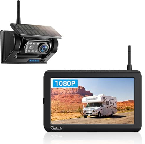 Solar Powered Wireless Reversing Camera Kit 5 1080P Monitor, 9600mAh Rechargeable Battery 1 Min DIY Installation & Support 2 Split Screen, IP69K Waterproof Reversing Camera for Car Van Truck Trailer