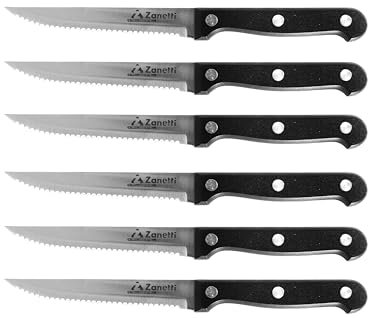 Zanetti, Set 6 Coltelli Bistecca Modello Classic, Coltelli Acciaio Inox, Lama 11 cm, Spessore 1.2 mm, Coltello Cucina Manico Rivettato