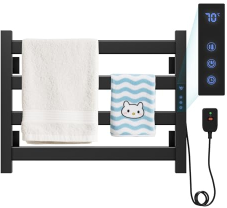 KEOKBON Scaldasalviette elettrico da bagno, 520 x 400 mm, temperatura costante 35 – 70 °C, timer da 1 – 24 ore, 85 W, nero