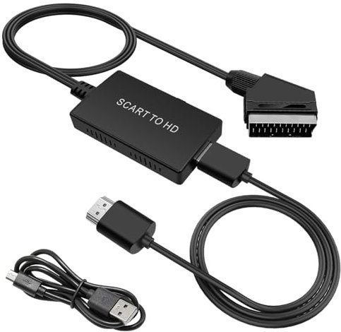 Hoembpn Convertidor Euroconector Scart to HDMI Adaptador 720p/1080p Conversor con Cable HDMI y Scart y USB Cable para Reproductor Video VHS DVD, Monitor, TV, Proyector
