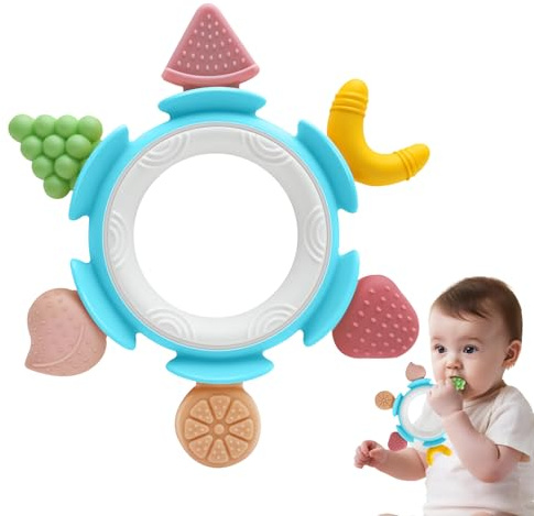 Massaggiagengive Ciuccio per Frutta Neonati Silicone 0 3 4 6 Mesi, Massaggia Gengive Giochi Neonato Educativo, Dentizione Gioco Sensoriale Bambina bambino 1 Anno Regalo Natale Epifania Compleanno, Blu