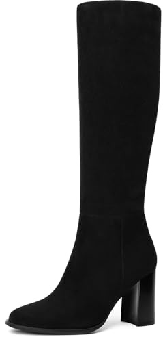 Lumeheel Black Knee High Boots for Women - Round Toe Chunky Heel Suede Boots with Side Zip, Fashion Tall Boots for Fall Winter, Size 8
