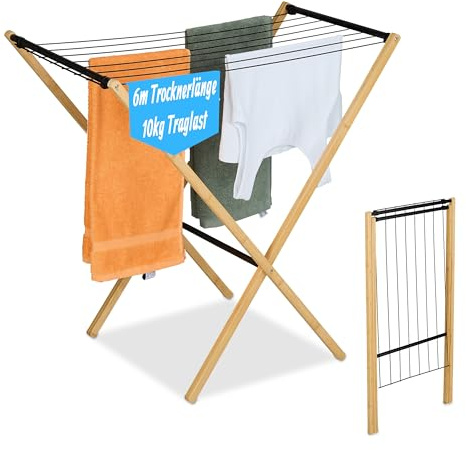 Tendedero Relaxdays, Plegable, 8 Varillas, 77 x 79 x 49 cm, bambú, Metal, Natural/Negro