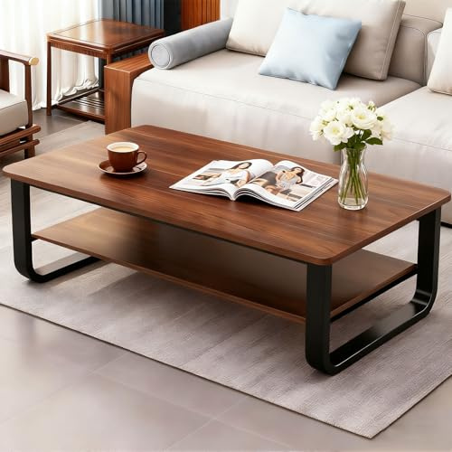 Couchtisch Walnussfarbe, 2-stufiger Couch Tisch mit Stauraum, Rechteckig Wohnzimmertisch Industrial Retro Style U-Metallgestell Stubentisch mit für Wohnzimmer Zuhause Büro,120×60cm,Walnussfarbe