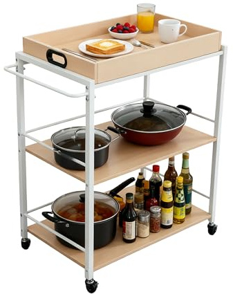 Relaxdays serveringsvagn med avtagbar bricka, 3 hyllplan, natur/vit | HxBxD: 88 x 70 x 40 cm, köksvagn skandinavisk