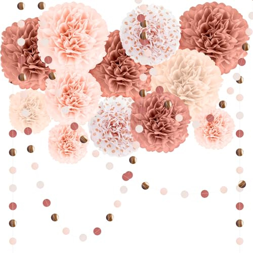 Fiori di Carta per Decorazioni, 15 Pezzi Pom Pom Carta Velina e Ghirlande (Champagne e Rosa Antico), Pon Pon per Allestimento Compleanno, Addio al Nubilato, Battesimo Bimba, Matrimonio