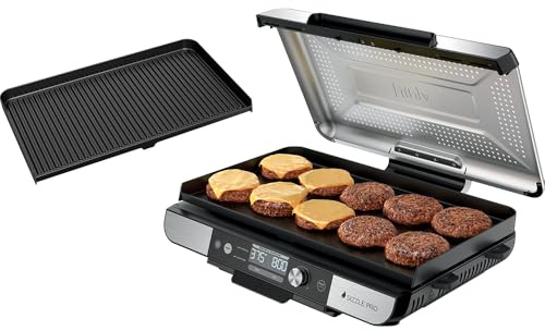 Ninja Sizzle Pro XL 20-Inch Indoor Griddle + Grill, Detachable Ventilated Lid, Grease Control, Ceramic Nonstick Plates, Even Edge-to-Edge Cooking, XL Capacity, Versatile, Silver GX101 (Renewed)
