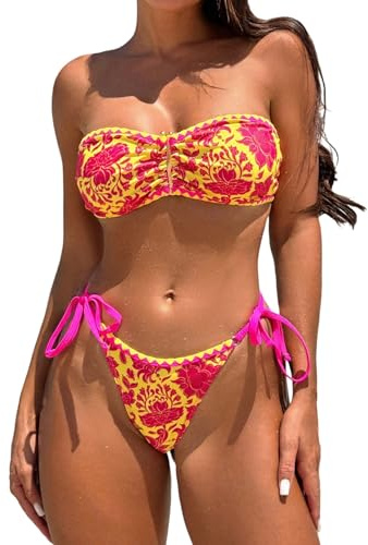 GORGLITTER Bandeau bikini damset med ring bandeau bikinitopp bikinibyxor axelbandslös baddräkt set blommönster badmode set strandoutfit, GUL, S