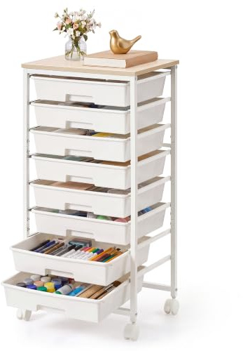 VASAGLE Rolling Storage Trolley with 8 Plastic Drawers, Mobile Organizer Cart with Wooden Top, 39.5 x 28.5 x 76.5 cm, for Office, Craft Room, White, Benco Collection LRC006W101