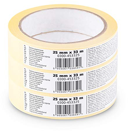 SCLEY Rubans de masquage, ruban crêpe Largeur 25mm, Longueur 33m, 3 morceaux de ruban à peindre, Crêpe jaune, ruban adhésif pour travaux de peinture Série *545*, A0303-450125
