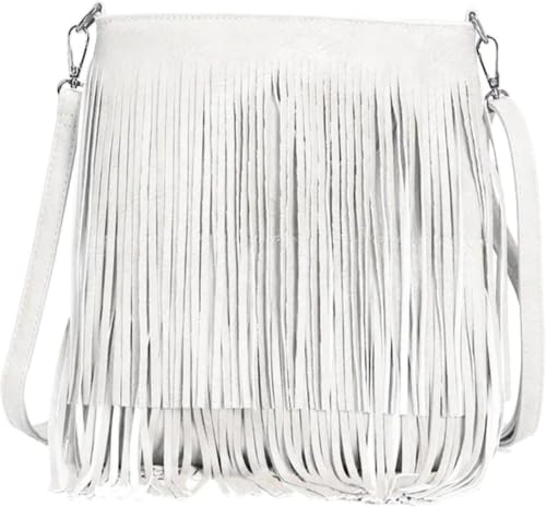 KIKFIT Women's Tassel Fringe Crossbody Bag, PU Leather Boho Shoulder Handbag (003 White)