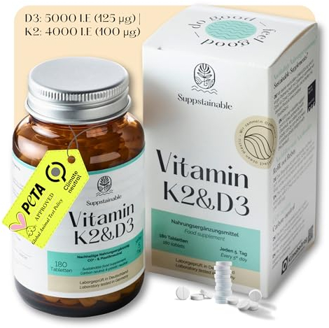 Suppstainable Vitamin D3 + K2 Tabletten – hochdosiert 5000 I.E. (125 µg) D3 & 100 µg K2 – für Knochen & Immunsystem – nachhaltige Verpackung – vegan, tierversuchsfrei, laborgeprüft