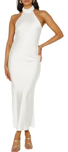 Phicia Sexy Satin Halter Neck Backless Maxi Dress for Women Elegant Tie Cowl Back Formal Wedding Guest Dress for Summer White