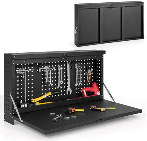 GOPLUS Werkzeugwand, Lochwand mit Werkbank aus Metall bis 50kg belastbar, wandmontiert Werkzeugschrank klappbar, abschließbarer Werkstattschrank für Werkstatt, Garage & Lagerhaus, Schwarz