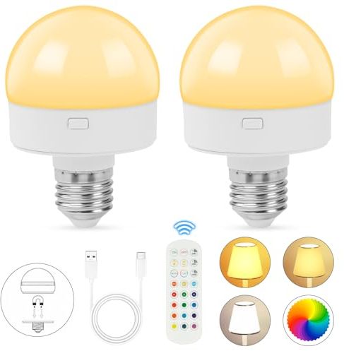 HOTUT RGB Glühbirne,2 Stück Wiederaufladbare Glühbirne mit Fernbedienung, E26 LED Lampe Abnehmbar, Dimmbare und Timing funktion,Farbige Leuchtmittel für Schlafzimmer, Küche, Decke,Bar,party