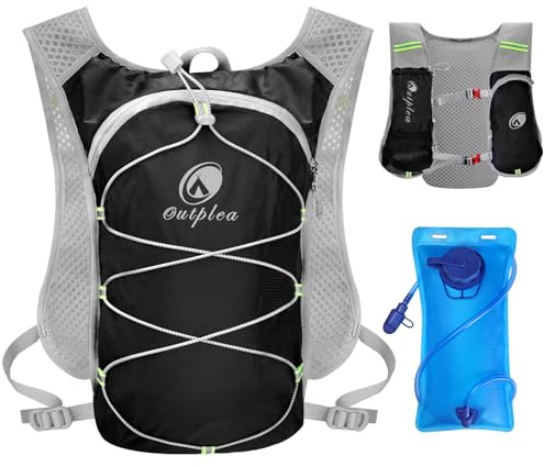 Outplea Women Men Running Vest with 2L Large Opening Water Bladder, Ultralight Cycling Hydration Pack Backpack with Phone Holder for Runner Marathoner Hiking Walking, Black