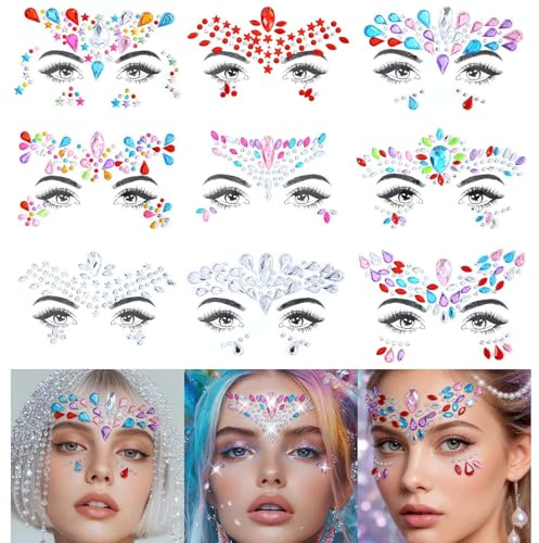 URAQT Face Gems Glitter, 9Pcs Face Glitter Festival Face Stickers Set for Music Festival Holiday Party, Self-Adhesive Rhinestone Temporary Tattoos Festival Halloween Decorations
