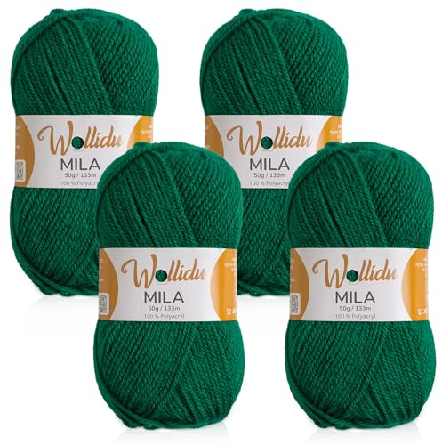 Wollidu Mila Garn zum Häkeln und Stricken 4 x 50g/133m Strickgarn 100% Polyacryl Häkelgarn Gras Grün