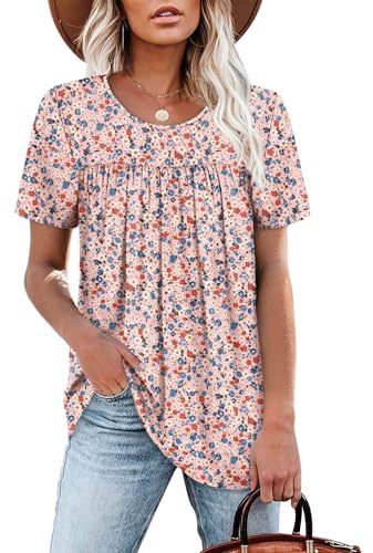 WIHOLL Ladies Tops and Blouses Dressy Casual Short Sleeve Shirts Spring Summer Tops 2026 Pleated Front Flowy Maternity Beach Vacation Clothes Floral Pink XL
