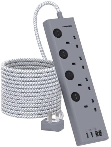 5M Extension Lead, HANYCONY 4 Way Socket with 4 USB Slots(2 USB C), Individually Switched, Extension Cable 5M, Wall Mount Extension Cord, Gray Desk Power Strip for Home Office Accessories