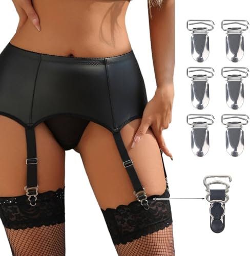 comeondear Breiter Strapsgürtel Damen Schwarz PU Leder Große Größen Sexy Strumpfhalter mit 6 Strapsen Wetlook Dessous Set Curvy Strumpfband Garter Belt Plus Size Hosenträger Strapshalter Schwarz,L