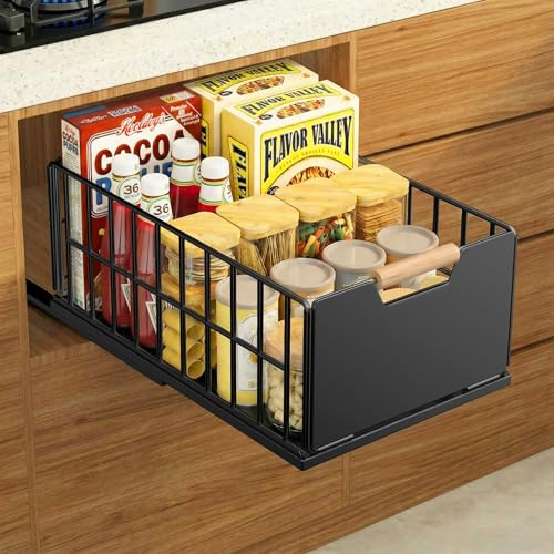 Tiroir coulissant cuisine, Organiseur de tiroirs profonds avec glissières de tiroir et poignée en bois, Télescopique à tirer en métal pour armoires de cuisine Organiseur - 40x25×18CM