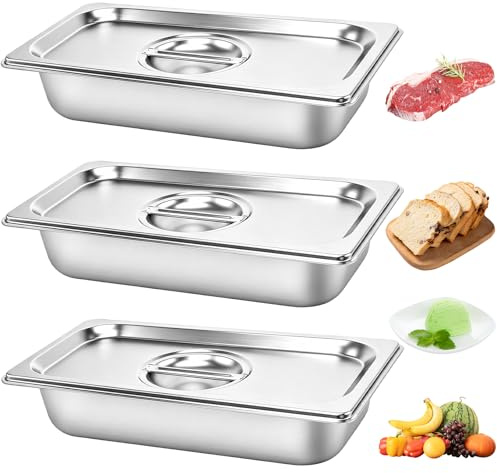 QEEYON Paquete de 3 sartenes Gastronorm de 1/3 con tapa, 325 x 175 x 65 mm, recipientes de alimentos de acero inoxidable GN para mesas de baño María y de vapor, bandejas de fiesta de restaurante, bufé