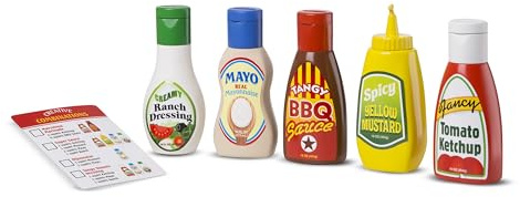 Melissa & Doug 5-Piece Favorite Condiments Play Food Set Play Ketchup and Mustard Bottles, Pretend Food Set for Kids Ages 3+
