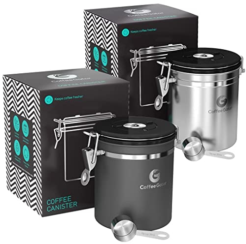 Coffee Gator Coffee Canister Airtight 1300 mL 2 Pack, Stainless Steel Kitchen Food Storage Container with Date Tracker, CO2 Valve, Scoop for Grounds Coffee, Beans,Tea, Sugar, Flour, Snacks