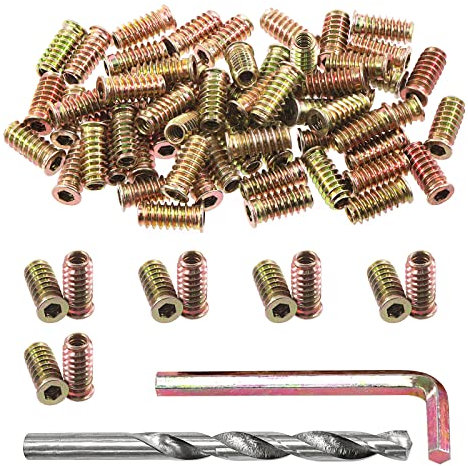 Swpeet 60Pcs 1/4- 20 x 25mm Carbon Steel Color Zinc Plated Wood Inserts and 11mm Twist Drill with 1Pcs Wrench Assortment Kit, Bolt Furniture Screw in Nut Threaded Fastener Connector Hex Socket Drive