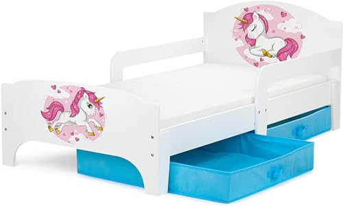 Leomark SMART Einzelbett aus Holz - Lovely Unicorn - Kinderbett mit Schubladen für Bettwäsche mit Matratze, Stauraum, Rausfallschutz Lattenrost, Liegefläche 140 x 70 cm