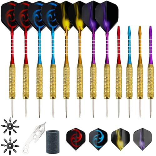 BELLE VOUS (Lot de 12 Flechettes Professionnelles Pointes Acier - Flechette Pointe Acier de 18 g avec Flèches en Aluminium Colorées, Volets & Protections - Fléchettes avec Aiguiseur - 4 Couleurs