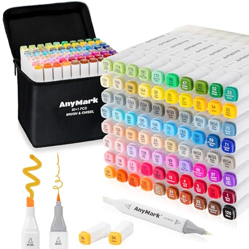 AnyMark Pennarelli ad Alcool con Punta a Pennello, 80 + 1 Colori, Doppia Punta, Pennello e Scalpello, Set di Pennarelli Artistici a Base di Alcol, con Custodia, per Disegnare e Colorare