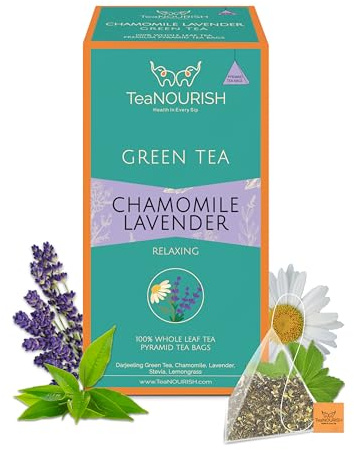 TeaNOURISH Chamomile Lavender Green Tea | 20 Count Pyramid Bags | Whole Leaf | Calming & Relaxing Sleep Tea | Bedtime | 100% Natural Infusion