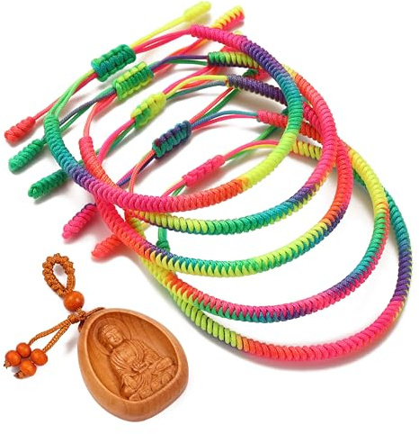 LUCKY BUDDHIST 5 Bracciali Tibetani Buddisti Regolabili – Bracciali in Corda Intrecciata per Uomo e Donna – Include Portachiavi Buddha in Legno