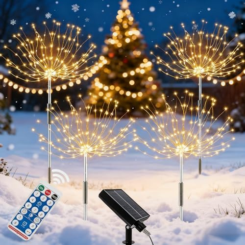 XRR Luces Solares Exterior Jardin, 4 Piezas 120 LED Solares Fuegos Artificiales Luces impermeable 8 Modos Luz Solar Exterior para caminos de césped, terraza(Blanco cálido)