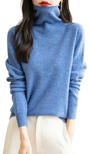 Chanyarn Mujer Jersey 100% Lana Merina de Cuello Alto Primavera Otoño Suéter Manga Larga Sin Costuras Jersey de Punto (Star Blue,S)