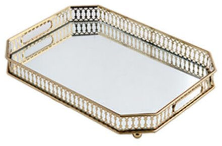 Plateau de service en métal à angle droit - Doré - Avec miroir - Décoratif - Plateau de service multifonction - 35 x 25 x 5 cm - Verre miroir en métal - Pour aliments, boissons, bijoux, clés