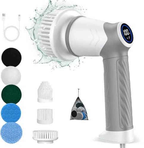 Electric Spin Scrubber cordless,IPX7 Waterproof Electric Cleaning Brush with 7 Replacement Heads, Intelligent 2 Speed Shifting,Electric Scrubber for Bathroom,Kitchen,Tile,Garden,Floor/car (Grau)