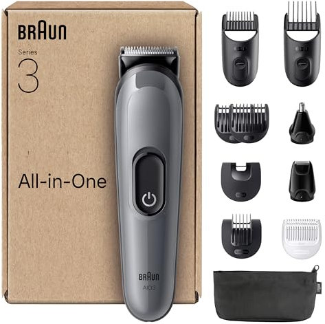 Braun Rifinitore All-In-One Series 3, Rasoio Elettrico Barba E Capelli 11In1, Con Lama Ultra Affilata, 14 Lunghezze, 50 Minuti di Autonomia, Styling Facile e Veloce Per Viso E Capelli, AIO3565 Grigio