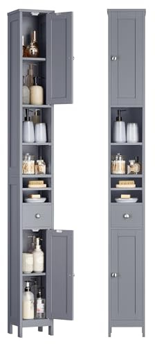 VASAGLE Mueble de baño alto estrecho con estantes ajustables, cajones abiertos, para espacios pequeños, moderno, color gris paloma BBC765G02