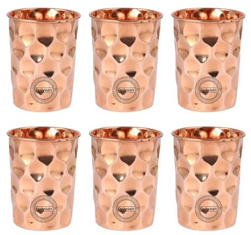 Verres en cuivre pur pour eau potable Santé ayurvédique Gobelets en cuivre pur 10,14 oz 300 ml Lot de 6 (Diamant)