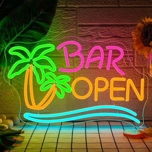 SIGNSHIP Bar Open Palme Neon Schild Dimmbar für Wanddekoration, Neon Sign Zeichen Licht Open, Leuchtschild Wand Dekor für Bar,Taverne,Clubs,Partys,Geschenk
